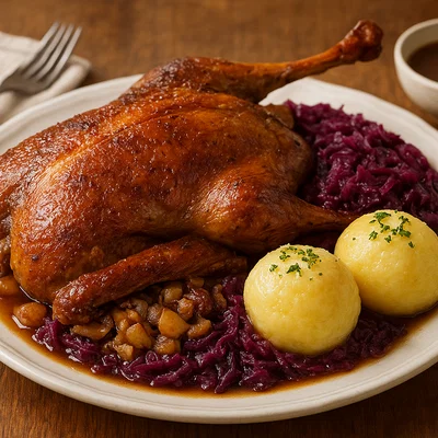 Martinsgans mit Maronenfüllung, Rotkraut und Kartoffelknödeln