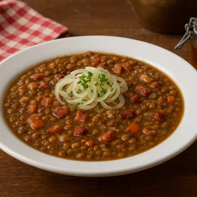 Österreichische Linsensuppe mit Speck und Essig-Einlage