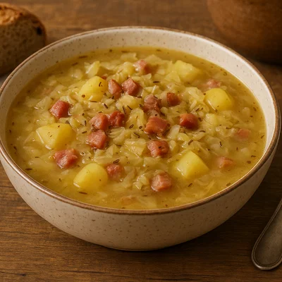 Deftige Krautsuppe mit Speck und Kümmel