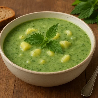 Cremige Brennnesselsuppe mit Kartoffeln und Rahm