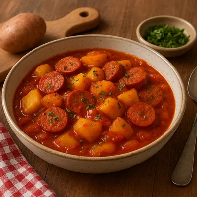 Erdäpfelgulasch mit vegetarischer Wurst