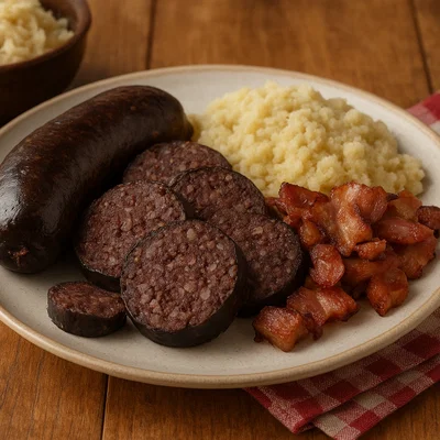 Hausgemachte Blutwurst (Blunzn) mit Speck und Grieß