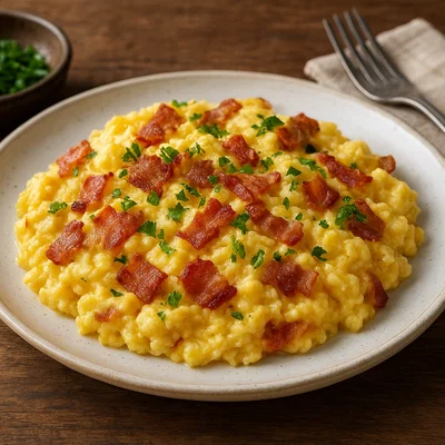 Herzhafte Eierspeis mit knusprigem Speck