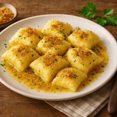 Kärntner Topfennudeln mit Butterschmalz und Bröseln