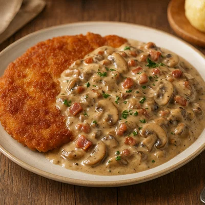 Jägerschnitzel mit kräftiger Pilzrahmsoße und Speck