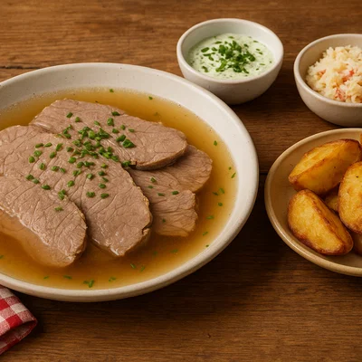 Klassischer Tafelspitz mit Schnittlauchsauce, Apfelkren und Röstkartoffeln