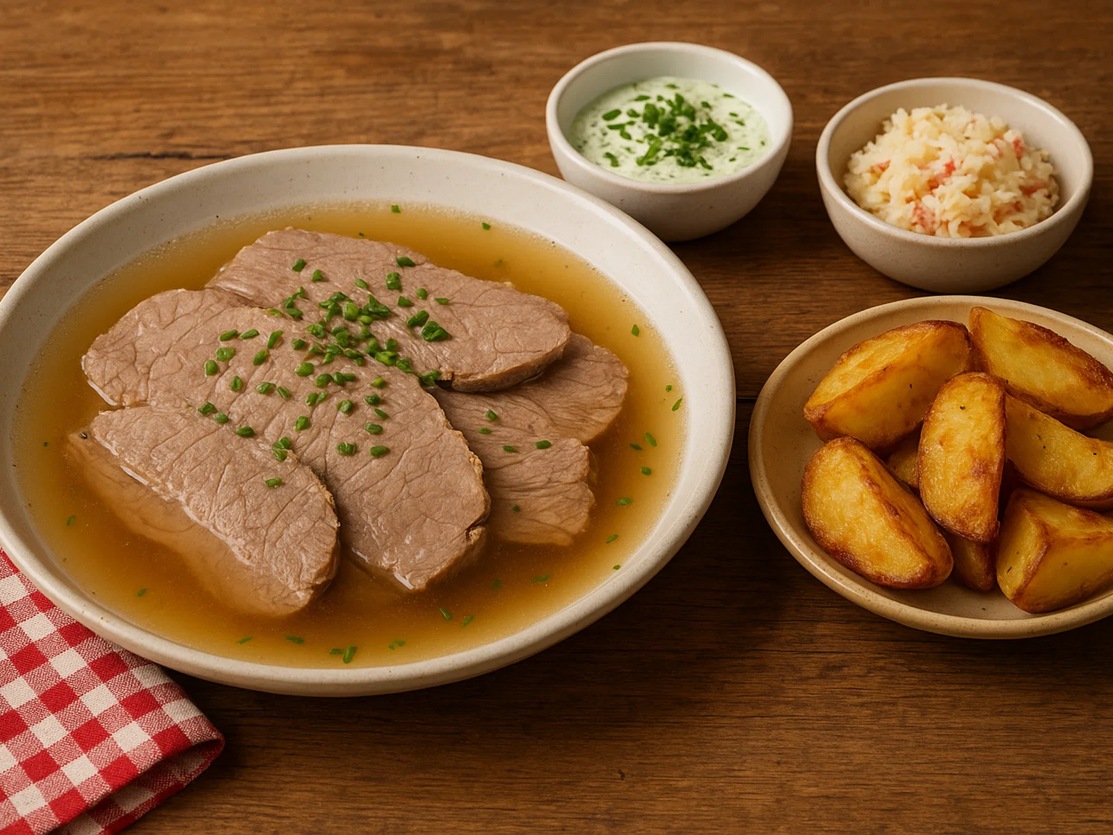 Klassischer Tafelspitz mit Schnittlauchsauce, Apfelkren und Röstkartoffeln