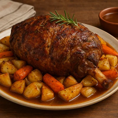 Klassischer Lammbraten mit Ofengemüse und Rosmarin