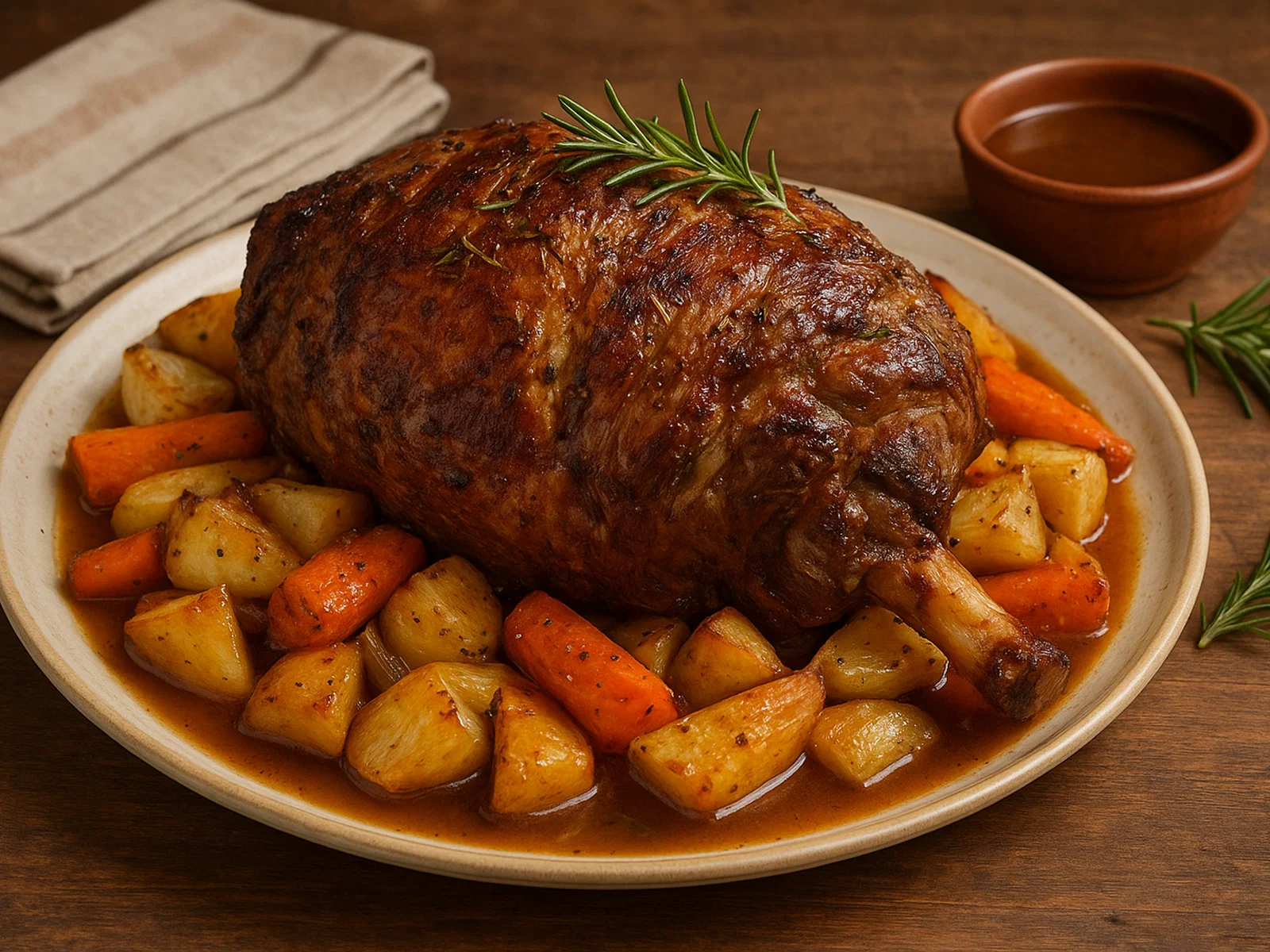 Klassischer Lammbraten mit Ofengemüse und Rosmarin