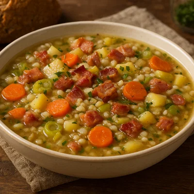 Rustikale Gerstensuppe mit Gemüse und Speck
