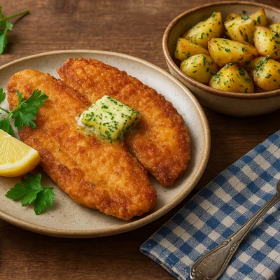 Gebratener Waller (Wels) vom Donauufer mit Zitronenbutter und Kräuterkartoffeln