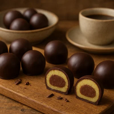 Mozartkugeln (klassische Pralinen mit Marzipan, Nougat und dunkler Schokolade)