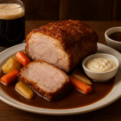 Schweinsbraten Salzburger Art mit dunkler Biersoße und Krensauce