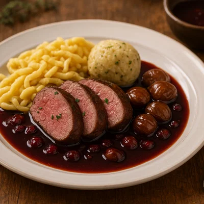 Rehrücken Salzburger Art mit Preiselbeer-Rotweinsauce