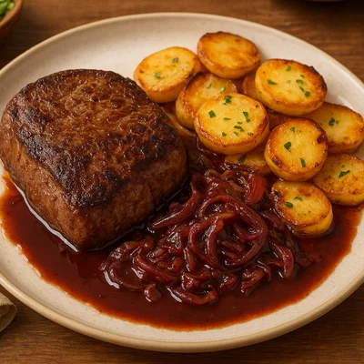 Almochsensteak mit Zwiebel-Rotwein-Sauce und Bratkartoffeln