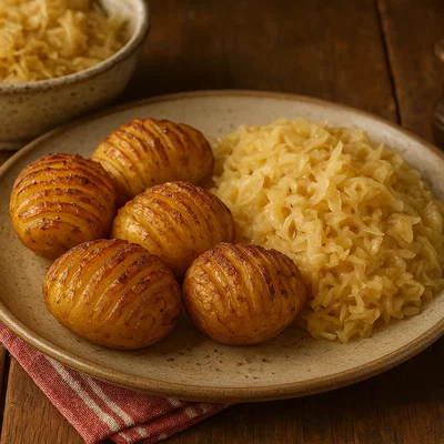 Erdäpfelnigel mit geschmortem Sauerkraut