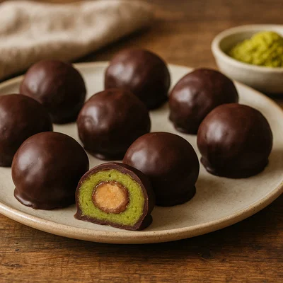 Mozartkugeln (selbstgemacht) mit Pistazienmarzipan und Nougatkern