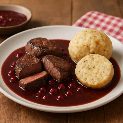Salzburger Rehmedaillons mit Preiselbeer-Rotweinsauce und Serviettenknödeln