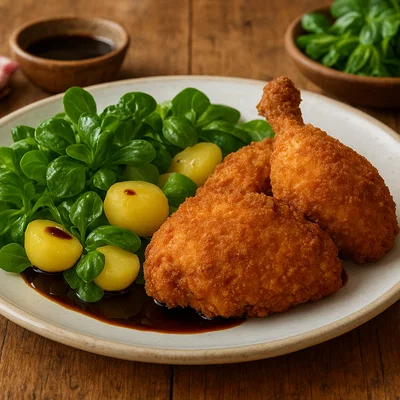 Steirisches Backhendl mit Vogerlsalat und Kürbiskernöl