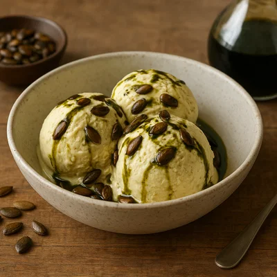 Steirisches Kürbiskernöl-Eis mit knusprigen Kernen