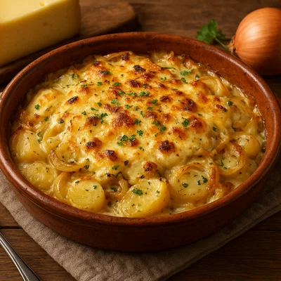 Steirischer Almkäse aus dem Ofen mit Kartoffeln und Zwiebeln