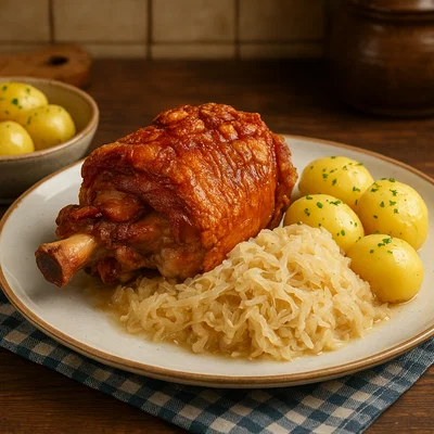 Steirisches Klachelessen mit Schweinsstelze, Sauerkraut und Erdäpfeln