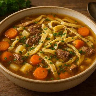 Rindssuppe Tiroler Art mit Frittaten und Wurzelgemüse