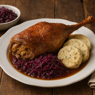 Tiroler Gansl (Martinsgans) mit Apfel-Rotkraut und Serviettenknödel