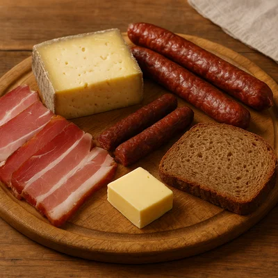 Tiroler Brettljause mit Speck, Graukäse und Kaminwurz