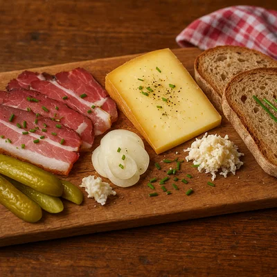 Tiroler Speckbrettl mit Brot, Käse und Beilagen