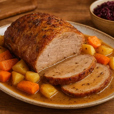 Tiroler Festtagsbraten mit Wurzelgemüse und Kümmelsauce