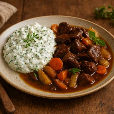 Tiroler Wildkräuterquark mit geschmortem Wildfleisch