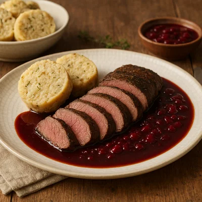Tiroler Rehrücken mit Preiselbeer-Rotweinsauce und Serviettenknödel