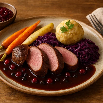 Tiroler Hasenrücken mit Wacholder-Rotweinsauce