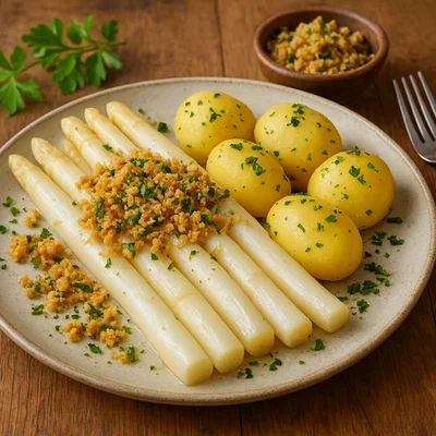 Tiroler Spargel mit Bröselbutter und Petersilienerdäpfeln