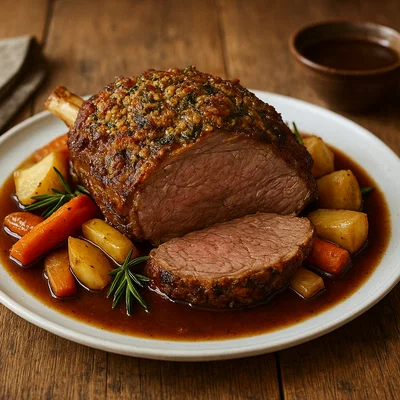 Arlberger Lammbraten mit Wurzelgemüse und Rosmarinsauce