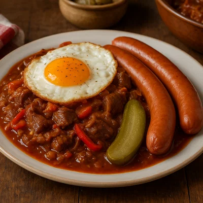 Fiaker-Gulasch mit Paprika, Spiegelei und Würstchen