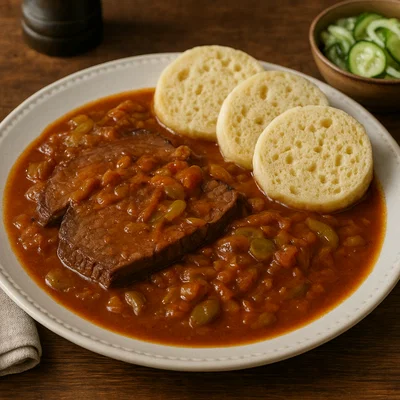 Znaimer Rostbraten (Rinderbraten mit Zwiebel‑Gurkensauce)