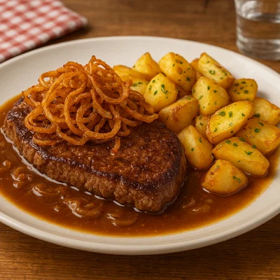 Wiener Zwiebelrostbraten mit Röstzwiebeln und Bratensaft