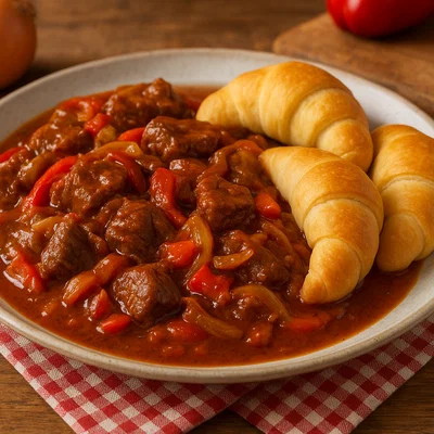 Wiener Kipferl-Gulasch mit Paprika und Zwiebeln