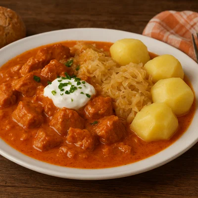Szegediner Gulasch (Schweinegulasch mit Sauerkraut)