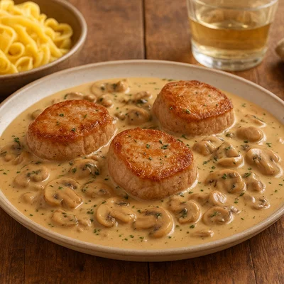 Schweinsmedaillons in cremiger Senf-Pilz-Sauce