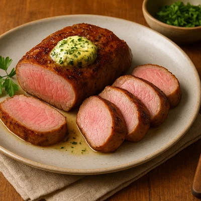 Gebratener Lungenbraten (Schweinsfilet) mit Kräuterbutter