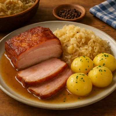 Selchkarree mit Sauerkraut und Erdäpfeln