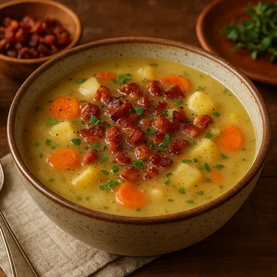 Erdäpfelsuppe mit Majoran und Speck