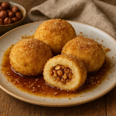Nuss-Topfen-Knödel mit Haselnussfüllung und brauner Butter