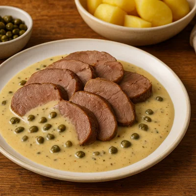 Kalbszunge in Senf-Kapern-Sauce (gekocht und kurz gebraten)