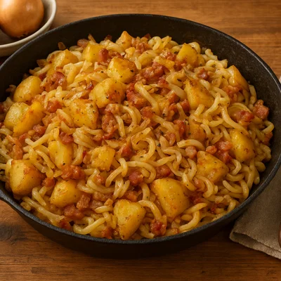Grenadiermarsch – Kartoffel-Nudel-Pfanne mit Speck und Zwiebeln