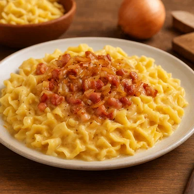Eierfleckerl mit cremiger Speck-Zwiebel-Sauce