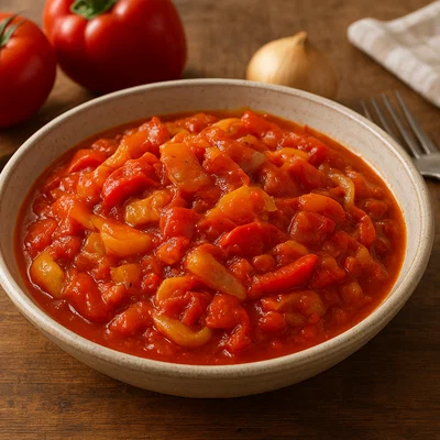 Traditionelles Letscho mit Paprika, Tomaten und Zwiebeln